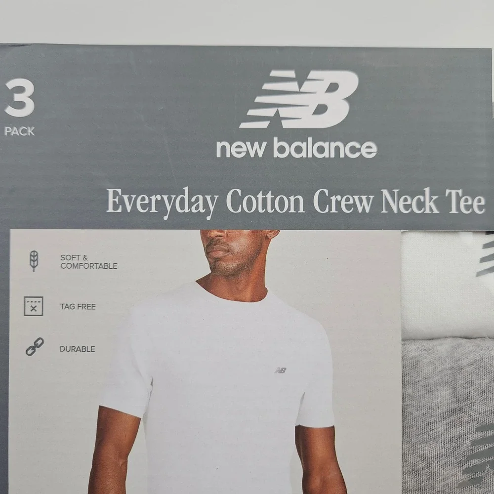 New Balance Mens Size Med Everyday Cotton Crew Neck Tee 3 Pack Grey White Chrome